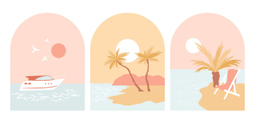 Set of summer minimalistic illustrations. Palm trees on the beach, a yacht in the ocean against the sunset, a chair by the sea. Tropical landscapes. Luxury resort concepts. Vector art of calmness.