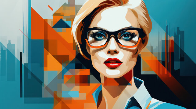 Stylish Lady with Elegant Hairdo: A Vintage Fashion Illustration of a Pretty Woman with Sunglasses, Posing Gracefully against a Modern Graphic Background.