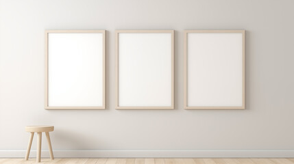 Three empty white frame on beige wall, minimalist design