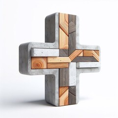 Plus mark shape created from concrete and wood. AI generated illustration
