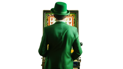  gentleman in green suit and green bowler hat infront of casino slots machine