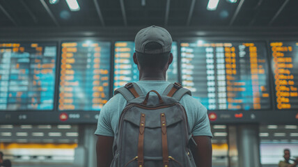 A young African American man from the back with a backpack on his back looking at the departure boards in an airport terminal, the excitement of holidays and discovering new cultures by traveling - obrazy, fototapety, plakaty