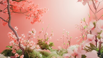 a pink wall with a tree and flowers