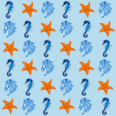 Aquatic Seamless Pattern with Seahorses, Starfishes and Seaweeds on a Light Blue Background