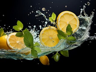 Lemon slice splashing out water with mint leaves