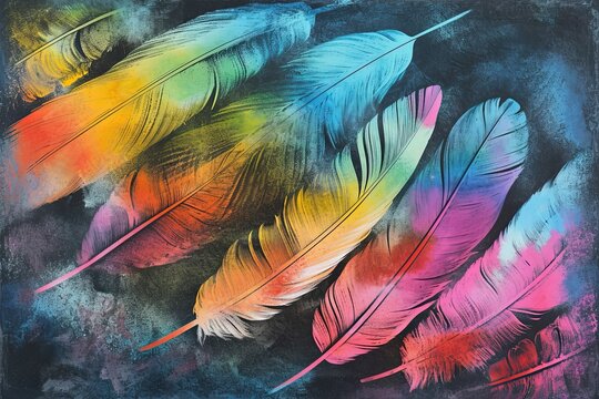 Background with feather prints on the wall. A backdrop with colored, iridescent feathers. The grunge texture