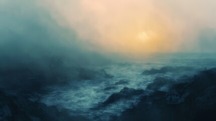 a large body of water surrounded by rocks and fogs - obrazy, fototapety, plakaty