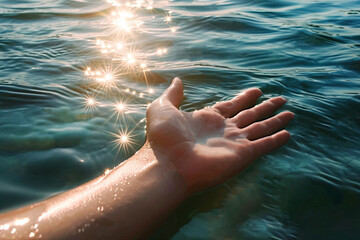 hand, Sun reflections in sea water