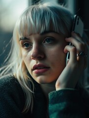 depressed young woman on the phone looking sad, in the style of gothcore, handsome.