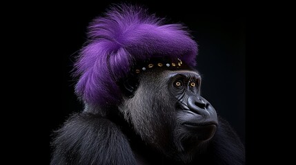 a gorilla with a purple mohawk