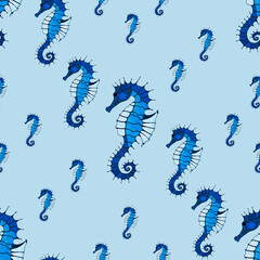 Seamless Pattern with Blue Seahorses on a Light Blue Background