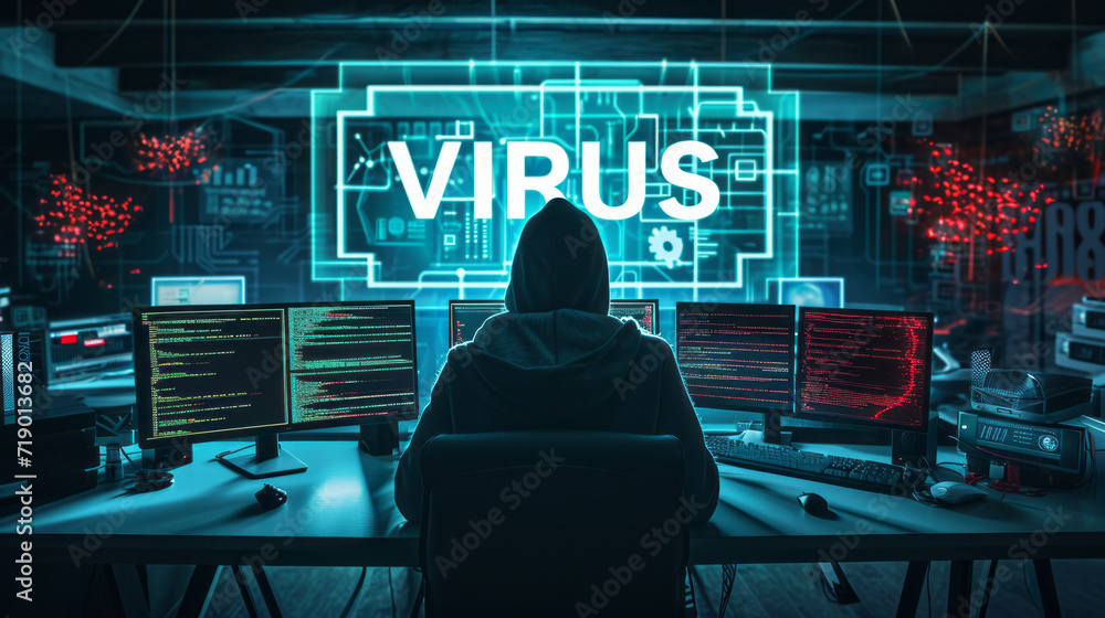 Poster computer hacker is sitting in the dark room with text virus
