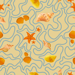 Summer Seamless Pattern with Orange and Yellow Sea Shells on a Sand Beige Background