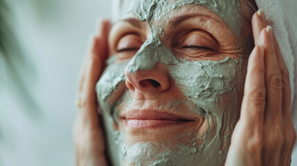 Close-up of senior woman wrinkled face applying moisturizing facial clay cream mask