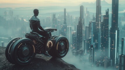 A man sitting on a motorcycle of the future with a view of a futuristic city in the fog
