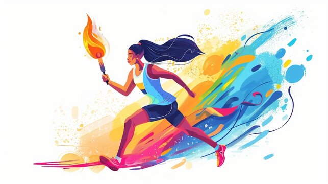 A woman running with the Olympic flame, bright colorful sports illustration, international sports games, concept of sports and competitions, Olympic Games