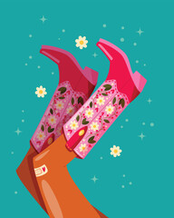 Woman legs with cowboy boots decorated with flowers. Cowgirl with cowboy boots. American western theme. Colorful vibrant vector illustration. - 719014031