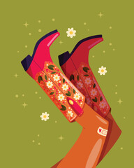 Woman legs with cowboy boots decorated with flowers. Cowgirl with cowboy boots. American western theme. Colorful vibrant vector illustration. - 719014052