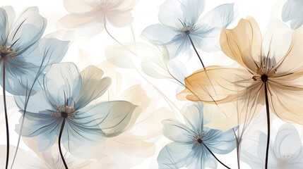 Elegant tender flowers transparent watercolour background. Pastel colour palette. Generative AI