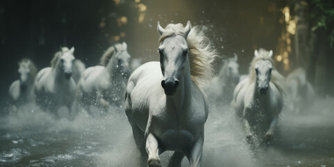 White Horses in Misty River Charge by AI generate.