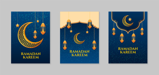 Ramadan Kareem. Set of Islamic Ramadan greeting card templates with golden crescent moon, stars and mosque. Vector illustration.