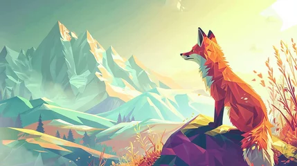 Tuinposter illustration of a fox in front of a beautiful landscape, isometric style, geometrical design, Fox on top of the mountain © standret