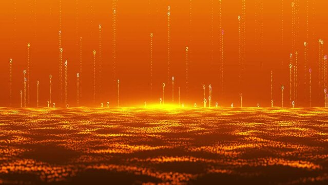 Abstract digital background. Shining particles in the form of numbers smoothly rise vertically to the top. Big data visualization. Data flow information. 3D rendering. 4K animation.