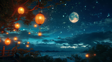 Obraz na płótnie Canvas Lanterns Hanging Against a Moonlit Sky Filled with Stars