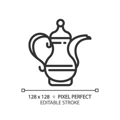 Arabic coffee pot linear icon. Antique handmade traditional pot. Luxury souvenir. Unique prestigious culture. Thin line illustration. Contour symbol. Vector outline drawing. Editable stroke