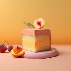 Layer pie with cream and fresh peach on top, served on a plate with leaves on a pastel peach fuzz background. Sweet pastries and cakes. Concept: confectionery and summer desserts
