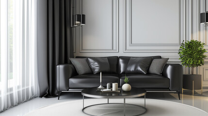 Modern interior design of living room with a sleek black leather sofa and metallic accents