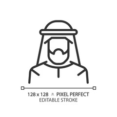 Arabic kandura man linear icon. Traditional headscarf. Historical religious clothes. Turban middle eastern male. Thin line illustration. Contour symbol. Vector outline drawing. Editable stroke