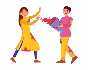 Celebrating Holi with joyful boy and girl playing with colors vector design