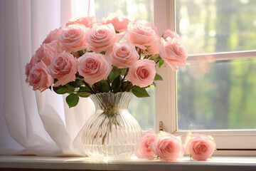 Beautiful rose flowers in vase on table in kitchen