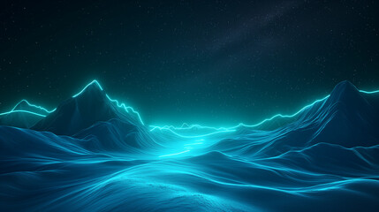 Dark Neon Green Mountains under a Starlit Sky, Retro Vaporwave Abstract Wallpaper Background