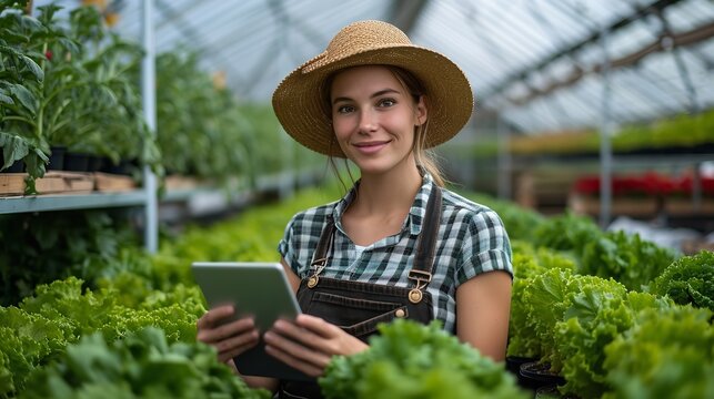 Portrait of a young woman holding a tab in nursery a concept of digitalization in agriculture sector, Generative AI.