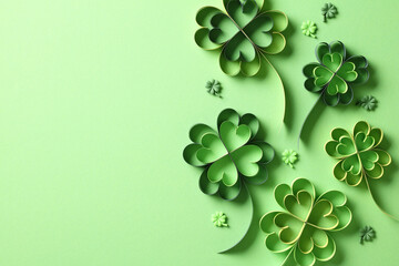 Paper art and craft style four leaf clover on green background. St Patrick's Day concept.