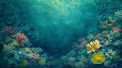 Naklejka na ściany i meble Underwater coral reef gradient in oceanic blues, greens, and corals, accented by a grainy texture for a marine life awareness poster.