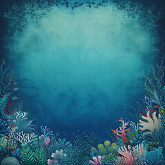 Fototapeta na wymiar Underwater coral reef gradient in oceanic blues, greens, and corals, accented by a grainy texture for a marine life awareness poster.