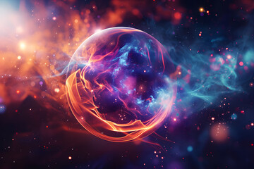Obraz premium Abstract multicolored energy sphere made of particles and waves of magical glow on a dark background