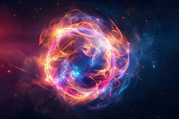 Abstract multicolored energy sphere made of particles and waves of magical glow on a dark background