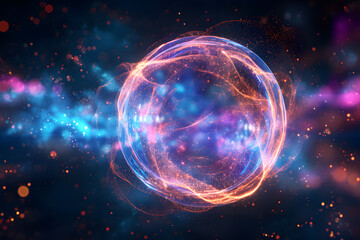 Obraz premium Abstract multicolored energy sphere made of particles and waves of magical glow on a dark background