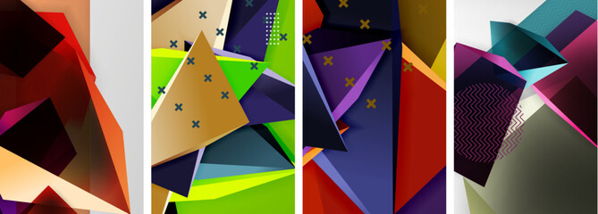 Trendy low poly 3d triangle shapes and other geometric elements background designs for wallpaper, business card, cover, poster, banner, brochure, header, website