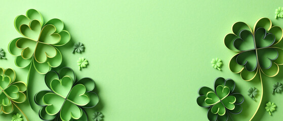 St Patricks Day banner design. Flat lay paper art four-leaf clover on green background with copy...