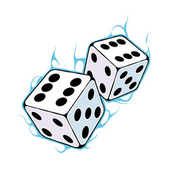 illustration of two dice being thrown with blue fire