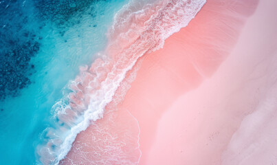 Aerial view of a tropical sandy beach and ocean coastline in abstract pink and blue tones