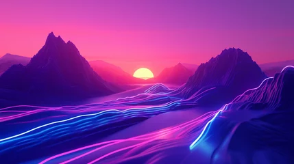 Zelfklevend Fotobehang Neon Pink Synthwave Sunset Over Digital Mountains with Neon Contours, Wallpaper Background © piknine