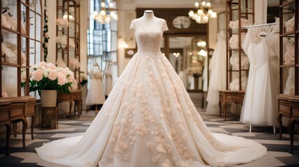 A beautiful wedding dress in a wedding salon