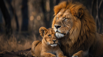 Fototapeta premium Two lions. Big lion and small son. Family photo. Wildlife sunny day.