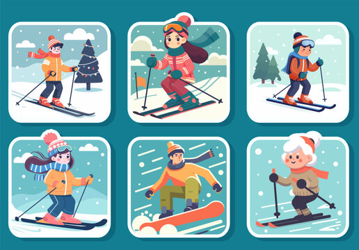 Winter sport skiing. Colorful cartoon character skier. Funny vector illustration. Cute style poster with smiling man. Picture card with ski activity isolated on blue background. Vector illustration